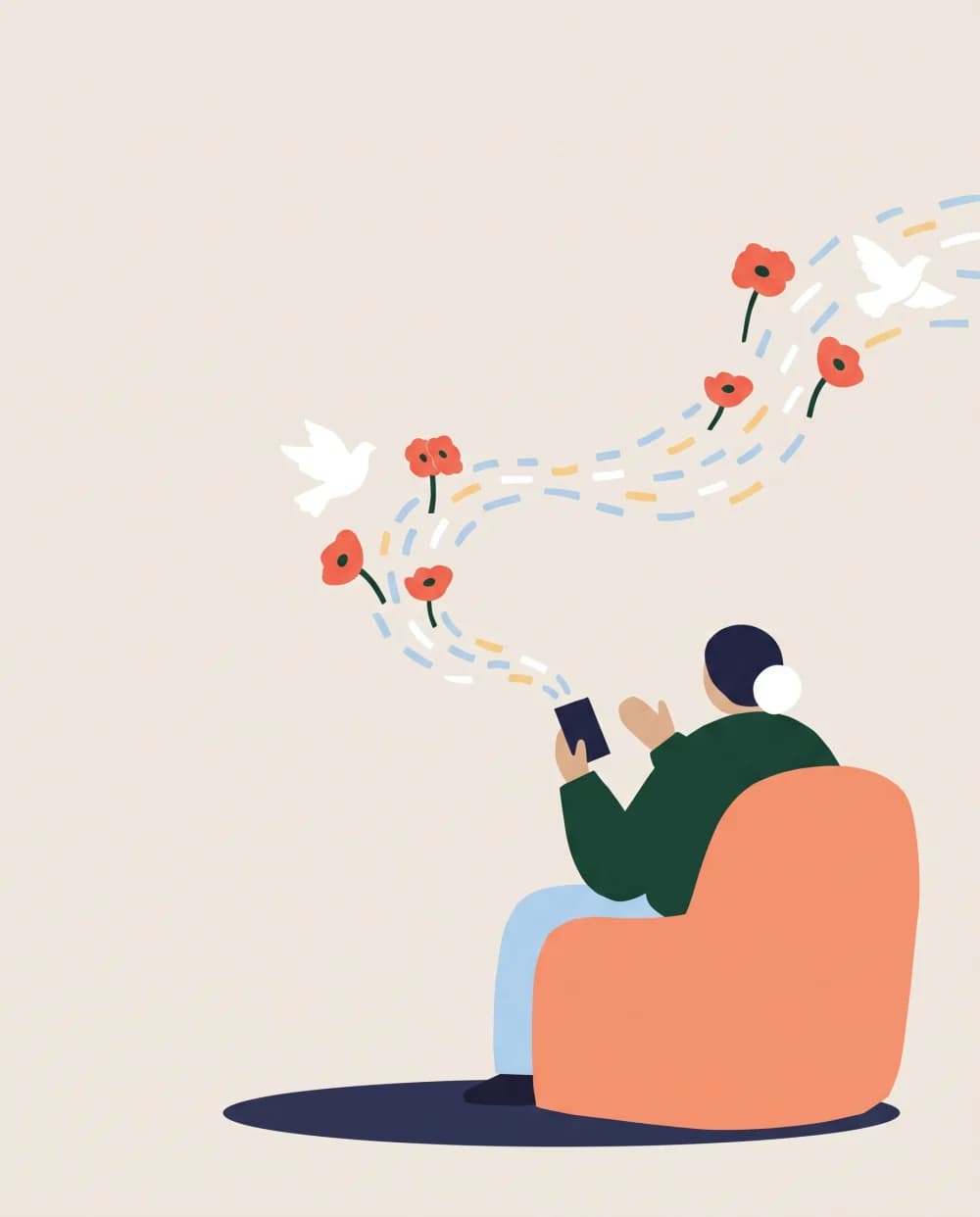 Illustratie: een oma vertelt een verhaal in haar telefoon
