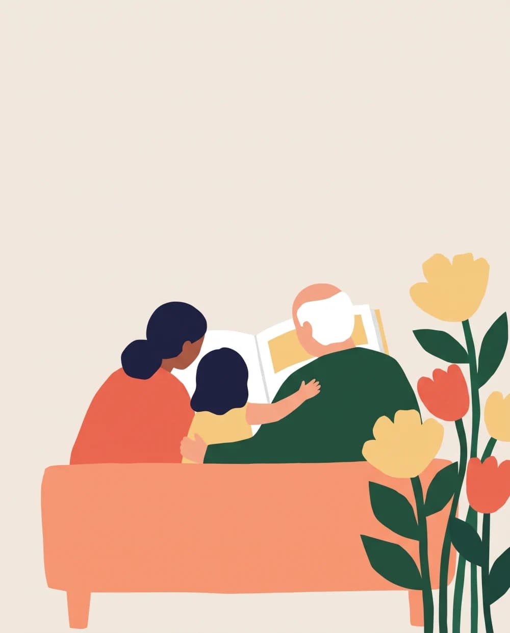 Een illustratie van familieleden die samen in een boek lezen.